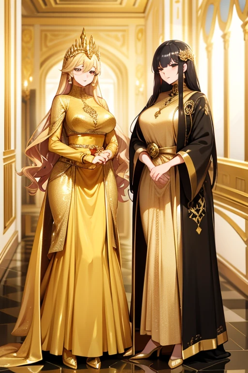 Masterpiece,Highest quality,Detailed face,Two women in dresses standing side by side in a hallway, シルキーcovered in gold, Golden Dress, covered in gold, Gold Silk, Elegant evening dresses!, Aodai, Elegant gold body, シルキーパープルとcovered in gold, In Ram Man style, Golden Goddess, Golden Robe, Wearing a long gown, Golden Clothes, Golden hues appear naturally