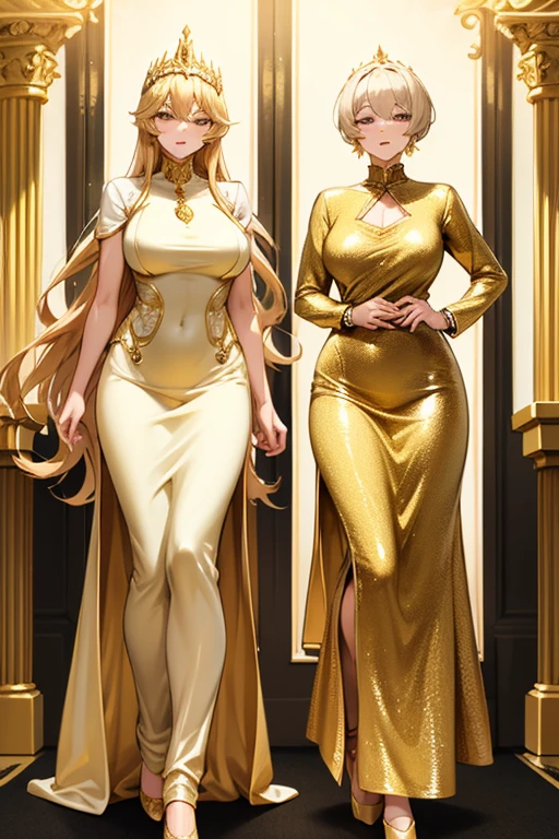 Masterpiece,Highest quality,Detailed face,Two women in dresses standing side by side in a hallway, シルキーcovered in gold, Golden Dress, covered in gold, Gold Silk, Elegant evening dresses!, Aodai, Elegant gold body, シルキーパープルとcovered in gold, In Ram Man style, Golden Goddess, Golden Robe, Wearing a long gown, Golden Clothes, Golden hues appear naturally