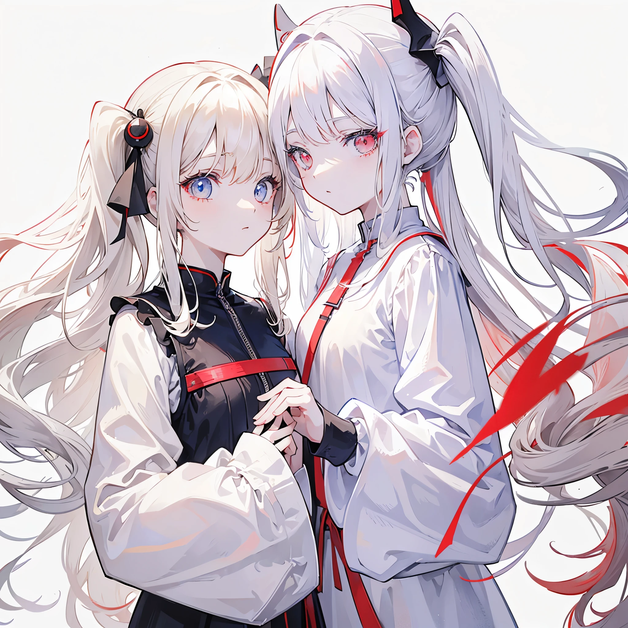 Two girls, red eyes and beige hair, blue eyes and white hair, twin tails, long hair, monochrome android, white background