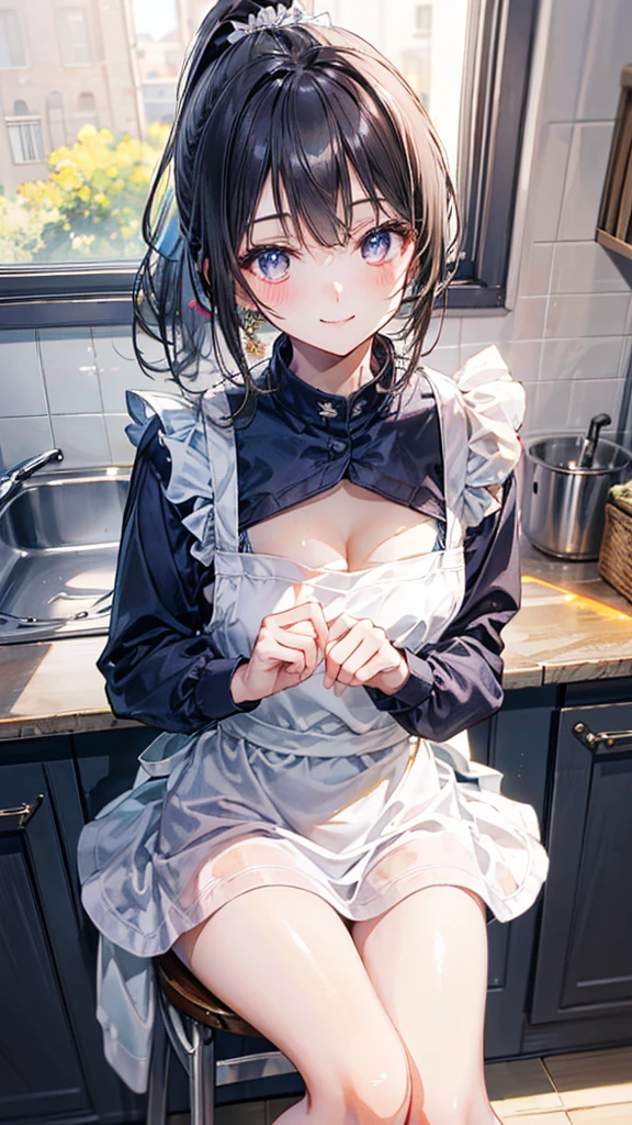 (Best quality, 8k, 32k, Masterpiece, UHD,:1.2),RAW, human, 1girl,ultra cute , ultra cute, natural lighting, transparent shining eyes, 20yo, medium breast ,femur, fair complexion , flushed face, ,Homemade Country Dress,long-sleeved dress in muted colors, Handmade apron for practicality and style, sturdy fabrics like cotton, Happily Smiling, kitchen, sitting on the stool, short ponytail, Cleavage Cutout, From above, Showing panties, White panties