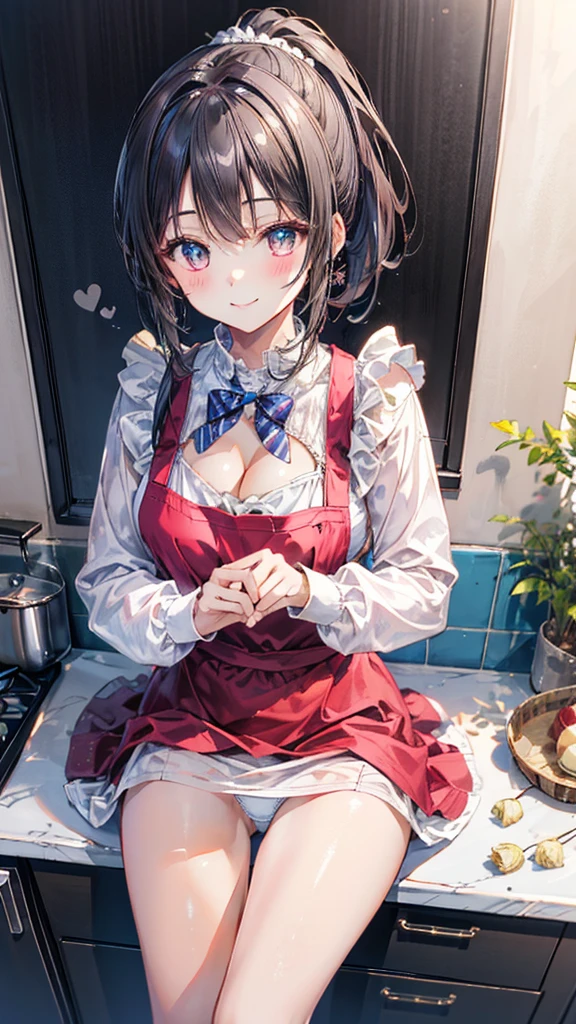 (Best quality, 8k, 32k, Masterpiece, UHD,:1.2),RAW, human, 1girl,ultra cute , ultra cute, natural lighting, transparent shining eyes, 20yo, medium breast ,femur, fair complexion , flushed face, ,Homemade Country Dress,long-sleeved dress in muted colors, Handmade apron for practicality and style, sturdy fabrics like cotton, Happily Smiling, kitchen, sitting on the stool, short ponytail, Cleavage Cutout, From above, Showing panties, White panties