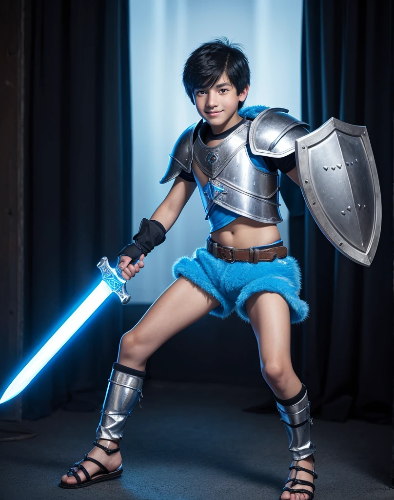 Young 13-year-old boy with black hair and brown eyes, innocent and happy, dressed in short neon-blue medieval barbarian clothes, fur shorts, light-blue battle armor, weilding silver sword and shield, sandals; fullbody; short hair, boyish athletic, sexy,