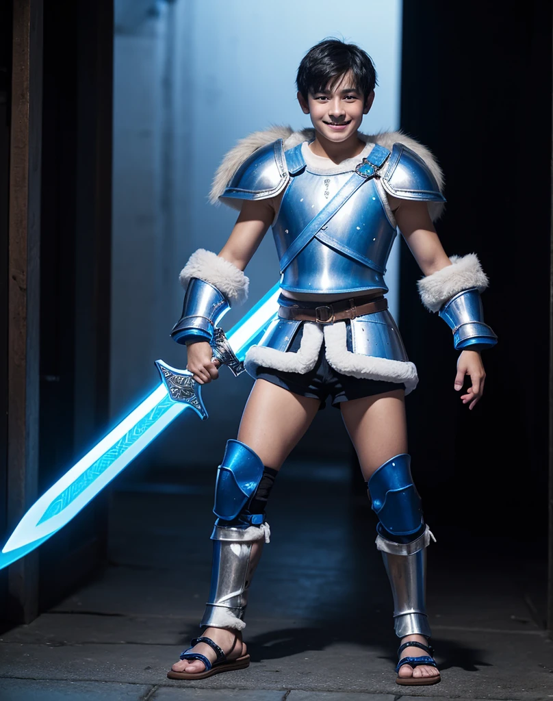 Young 13-year-old boy with black hair and brown eyes, innocent and happy, dressed in short neon-blue medieval barbarian clothes, fur shorts, light-blue battle armor, weilding silver sword and shield, sandals; fullbody; short hair, boyish athletic, sexy,