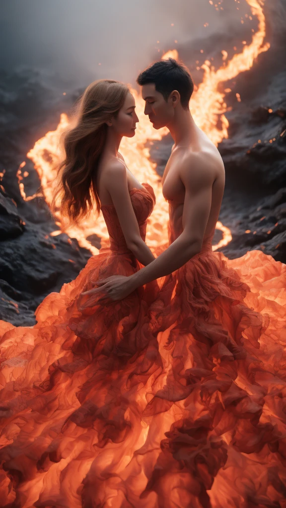 masterpiece，Highest quality，Rich in details，high resolution，flame/fiery的焰/flame，Dynamic Scene Scale 1.3，Romantic couple kissing in the fire，Firestorm，on fire，Bizarre fantasy image，Excellent skin texture，Magic Circle，Casting a Spell，strange，紫色strength，strength，fiery，meteor。