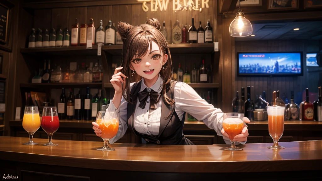 masterpiece, best quality, high quality, detailed, ultra detailed, hyper detailed, insanely detailed, exquisite, beautiful, FHD, Full-HD, 4K, 8K, 16K, highres, absurdres, bar, woman, interior photo, laughing, hair bun, brown hair, brown eyes, pale skin, beauty mark, in the bar, with a table, at night, chill atmosphere,A bartender's sister making drinks at a bar,cowboy shot