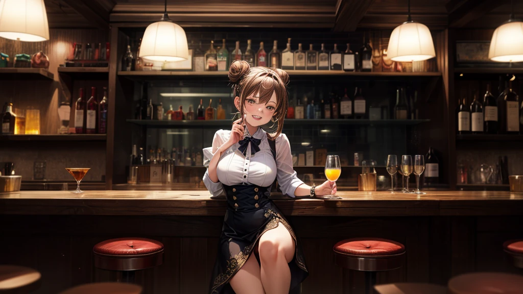 masterpiece, best quality, high quality, detailed, ultra detailed, hyper detailed, insanely detailed, exquisite, beautiful, FHD, Full-HD, 4K, 8K, 16K, highres, absurdres, bar, woman, interior photo, laughing, hair bun, brown hair, brown eyes, pale skin, beauty mark, in the bar, with a table, at night, chill atmosphere,A bartender's sister making drinks at a bar,cowboy shot