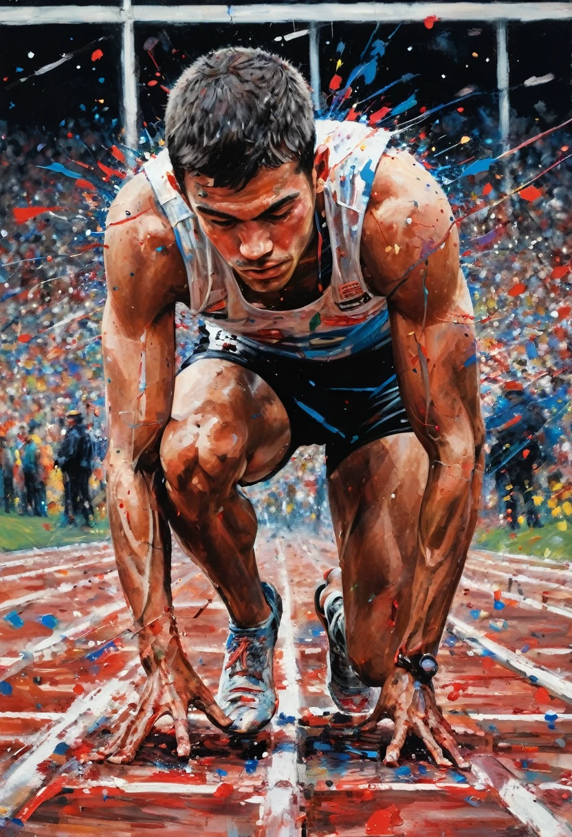 a rich combination of vibrant colors including reds, blues and whites. Splashes of paint, in the style of Jackson Pollock, adorn the composition, representing the intensity of a race. In the center of the scene, an athlete meticulously cut out of a magazine is positioned at the starting line. His muscles are tense, and the race track stretches straight and flat before him. The starting blocks firmly support his feet as he prepares for the explosive start under focused artificial light. The grainy black background (reminiscent of the VHS effect) surrounds the entire scene, giving depth and dynamism. The athlete's facial expression is focused and determined, with his eyes fixed on the track in front of him. His eyebrows are slightly furrowed, and his lips are pressed into a firm line, reflecting anticipation and readiness for the imminent start. Graffiti, doodling, best quality, Artwork, representative work, official art, professional, ultra intricate detailed