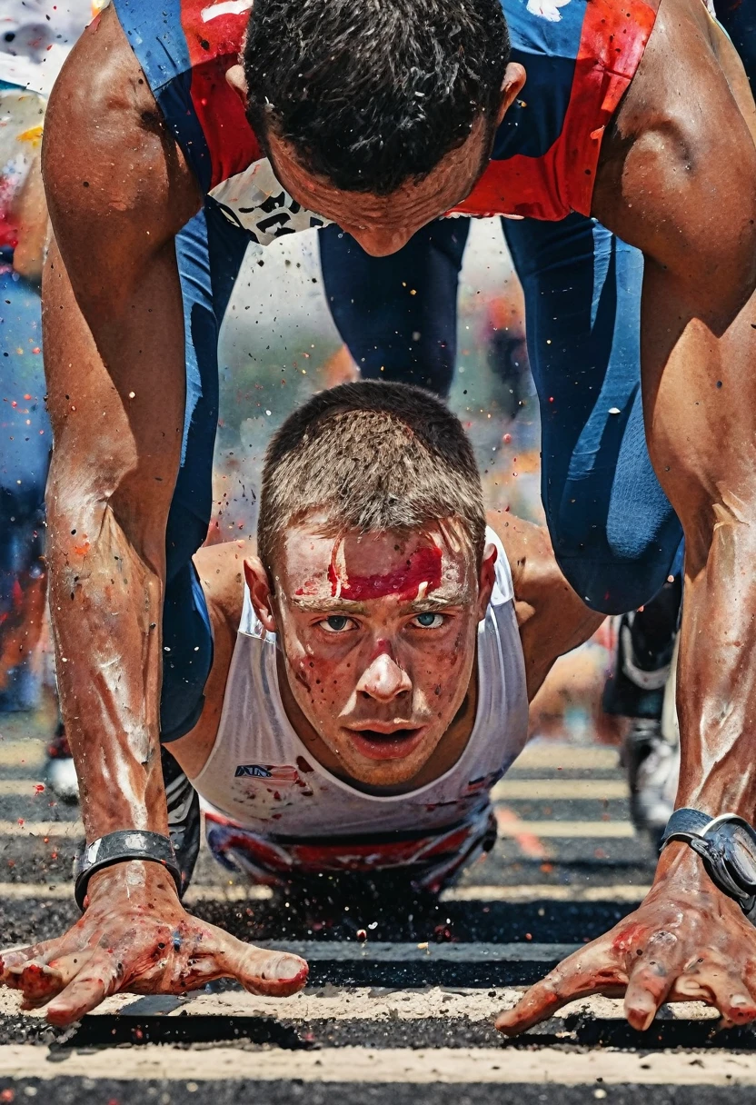 a rich combination of vibrant colors including reds, blues and whites. Splashes of paint, in the style of Jackson Pollock, adorn the composition, representing the intensity of a race. In the center of the scene, an athlete meticulously cut out of a magazine is positioned at the starting line. His muscles are tense, and the race track stretches straight and flat before him. The starting blocks firmly support his feet as he prepares for the explosive start under focused artificial light. The grainy black background (reminiscent of the VHS effect) surrounds the entire scene, giving depth and dynamism. The athlete's facial expression is focused and determined, with his eyes fixed on the track in front of him. His eyebrows are slightly furrowed, and his lips are pressed into a firm line, reflecting anticipation and readiness for the imminent start. Graffiti, doodling, best quality, Artwork, representative work, official art, professional, ultra intricate detailed