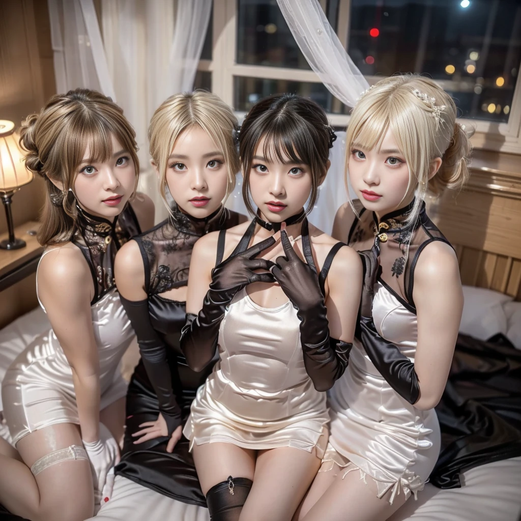 masterpiece, top-quality, top-quality, Beautifully Aesthetic:1.2, ((3 girls)), kiss++, kissing++, sucking++, licking lips, nsfw, 
((Middle girl is Wearing satin high neck Chinese dress, sleeveless, long gloves, miniskirt:1,4), high detailed, 
((Left girl is Wearing satin high neck Chinese  dress, sleeveless, long gloves, miniskirt:1,4), high detailed, 
((Right girl is Wearing satin high neck Chinese dress, sleeveless, long gloves, miniskirt:1,4), high detailed, 
(Three girls are laying bed:1.3), large breasts, firm breast, nicely shaped breasts, slender figure, 
(((Bleached Hair))), ((mesh hair)), (short hair:1.2), 
((At the bedroom at late night:1.2)), (Looking at viewer)