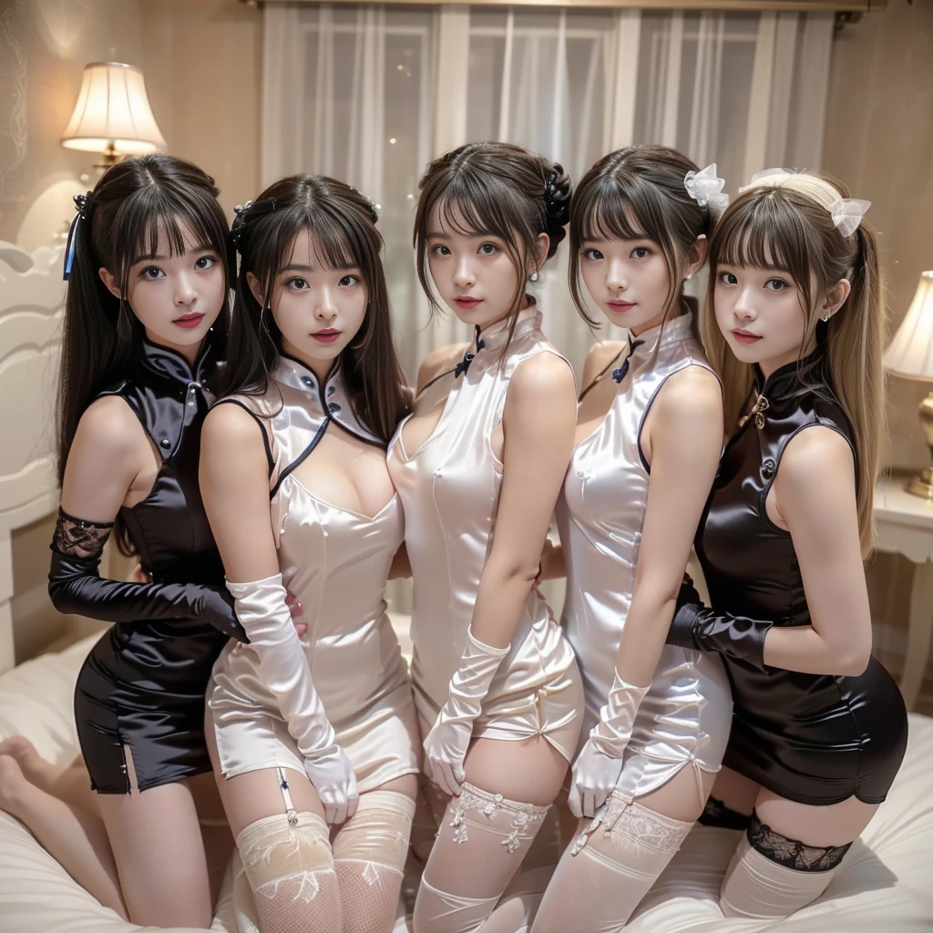 masterpiece, top-quality, top-quality, Beautifully Aesthetic:1.2, ((3 girls)), kiss++, kissing++, sucking++, licking lips, nsfw,
((Middle girl is Wearing satin high neck Chinese dress, sleeveless, long gloves, miniskirt:1,4), high detailed,
((Left girl is Wearing satin high neck Chinese dress, sleeveless, long gloves, miniskirt:1,4), high detailed,
((Right girl is Wearing satin high neck Chinese dress, sleeveless, long gloves, miniskirt:1,4), high detailed,
(Three girls are laying bed:1.3), large breasts, firm breast, nicely shaped breasts, slender figure,
(((Bleached Hair))), ((mesh hair)), (short hair:1.2),
((At the bedroom at late night:1.2)), (Looking at viewer)