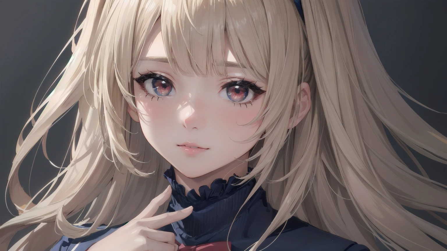 1 female.(Photorealistic cute face).(Ultra-detailed:1.4).Bust Shot.16K.Navy Blue School Costume.Cutting blunt bangs.Highest.Masterpiece.Red Eyeliner.