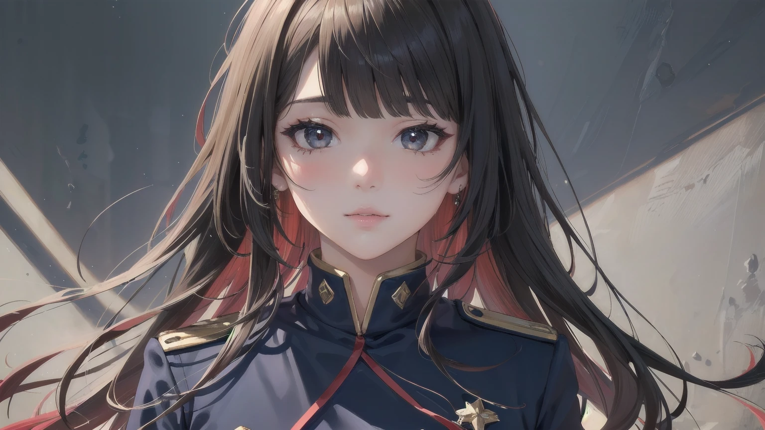 1 female.(Photorealistic cute face).(Ultra-detailed:1.4).Bust Shot.16K.Navy Blue School Costume.Cutting blunt bangs.Highest.Masterpiece.Red Eyeliner.