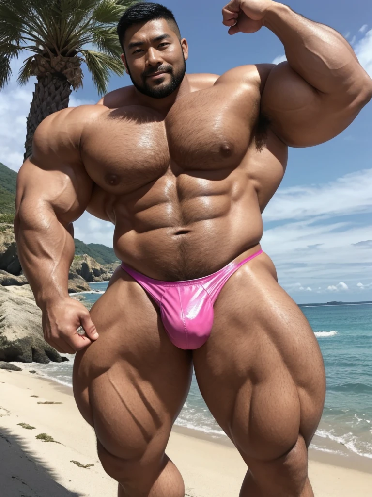 There is only one handsome Asian actor in the photo,35 years old,High target, Fitness,short hair, O-Shaped Beard,Perfect body, Dark skin color,Radiant Skin,Smooth skin,Muscle bulge, muscular, Very large pectoral muscles,Very sexy abdominal muscles,Very well-developed leg muscles,Huge concave and convex area,Brightens oily skin,Wearing a pink leather shiny thong,Handsome face, Correct and accurate male body proportions, Wear pink socks,Holiday by the sea。