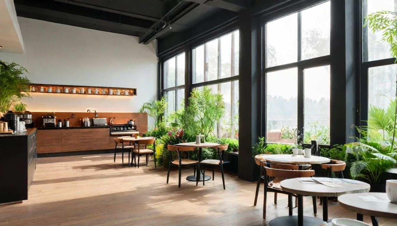 cafe, Steaming coffee on the table, modern space, The plants are beautifully laid out.. window with plenty of sunlight,