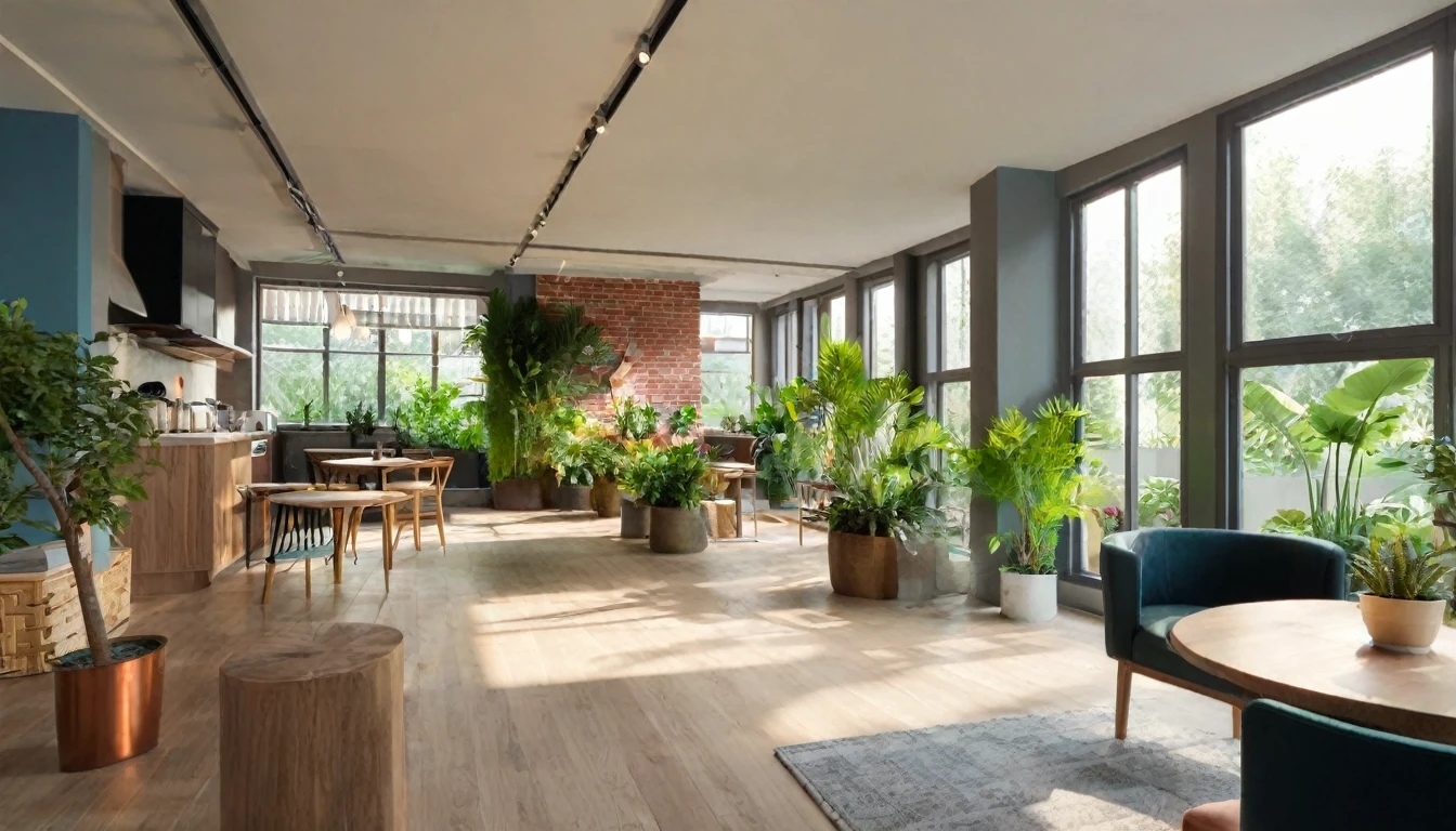 cafe, Steaming coffee on the table, modern space, The plants are beautifully laid out.. window with plenty of sunlight,