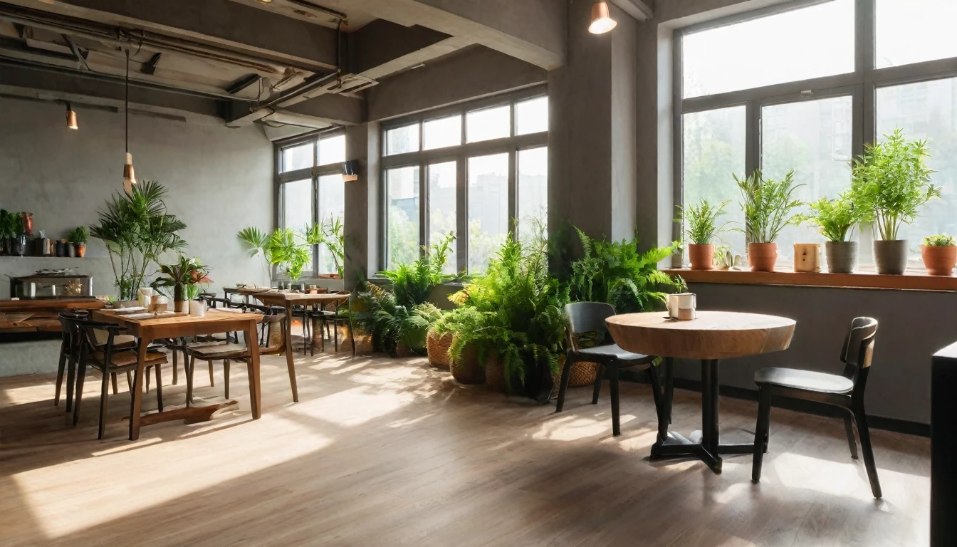 cafe, Steaming coffee on the table, modern space, The plants are beautifully laid out.. window with plenty of sunlight,