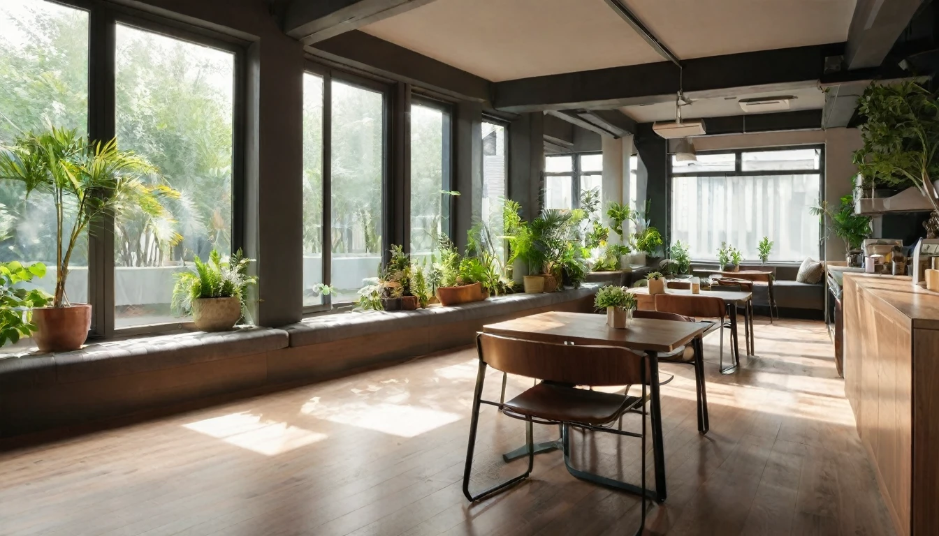 cafe, Steaming coffee on the table, modern space, The plants are beautifully laid out.. window with plenty of sunlight,