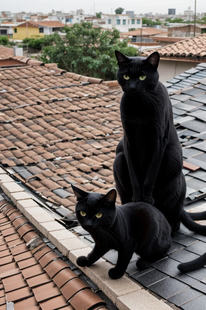 A black cat on a roof in a Latin American neighborhood 