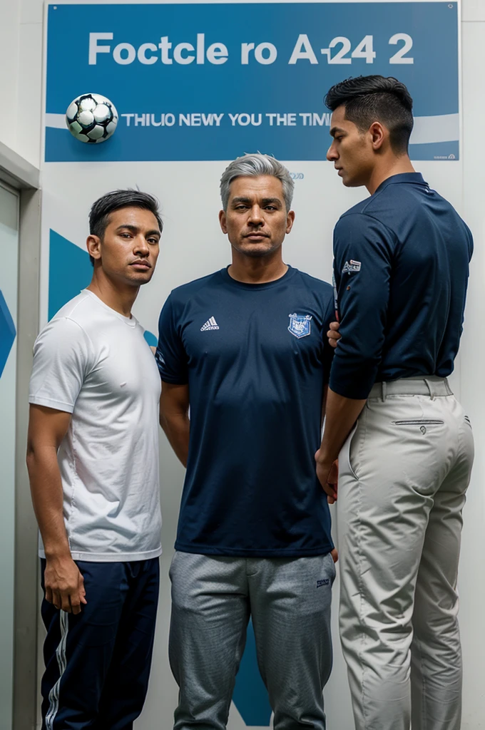 Create a 3D poster for a friendly football match with a light blue background, with a picture of five 30 year old football players standing, four people with black hair, one of them with silver hair holding a ball, wearing a jack blue shirt, navy blue trousers, white socks, without back number, with the writing All Star Depok in the background, Tour Yogyakarta 2024, along with a picture of a white and black bus with orange stripes.