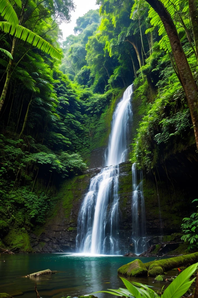 A landscape, forest, waterfall, amazon, tree, firefly, opscale 4x, high quality, fantastic, wild animals, pristine nature, brilliant, vegetation, rare