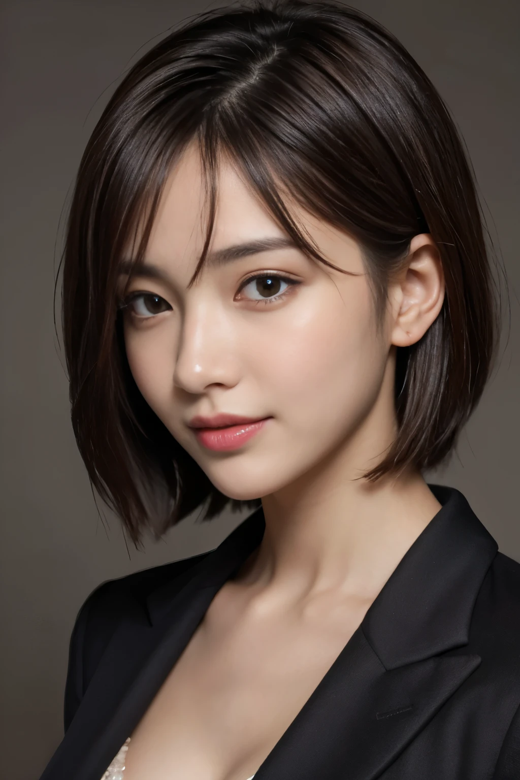 The best quality at its best, Realistically, Super detailed, More about pubic hair, High resolution, Plain background,8k wallpaper, One beautiful woman,,Light brown short hair, Wear a dark suit, Lock Focus, Perfect dynamic composition, Beautiful Eyes, Delicate hair, 细致Realistically的皮肤纹理, smile, Close-up portrait, Model Body Type
