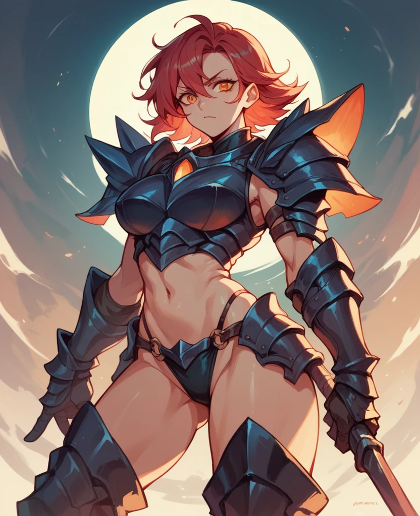 Female,curvy,red hair,orange eyes,red and black armour