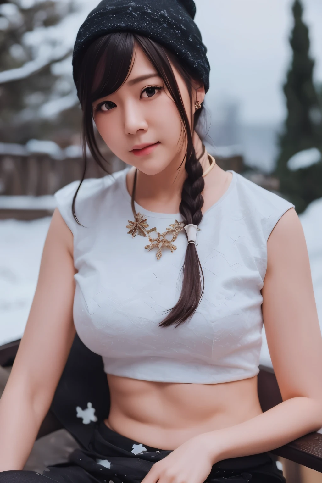 最high quality,8K, Detailed facial depiction, Detailed eye depiction, candyapple008, Imagine her wearing a stylish crop top, military trousers, A comfortable beanie, Exuding cold-weather confidence and resilience., Popular appearance. Imagine her in the snow, Snowy evergreen trees, Soft snowflakes fell around her. Capturing her beautiful essence, strength, Determination in this winter environment. ((Photorealistic: 1.8)), ((high quality: 1.6)), real, absolute reality, realistic, 4K, real face, realistic face, korean girl, fine fabric, necklace, 