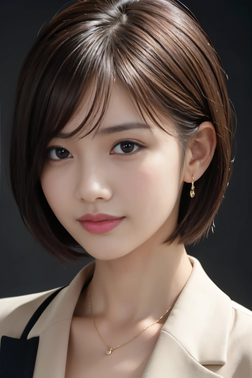 The best quality at its best, Realistically, Super detailed, More about pubic hair, High resolution, Plain background,8k wallpaper, One beautiful woman,,Light brown short hair, Wear a dark suit, Lock Focus, Perfect dynamic composition, Beautiful Eyes, Delicate hair, 细致Realistically的皮肤纹理, smile, Close-up portrait, Model Body Type