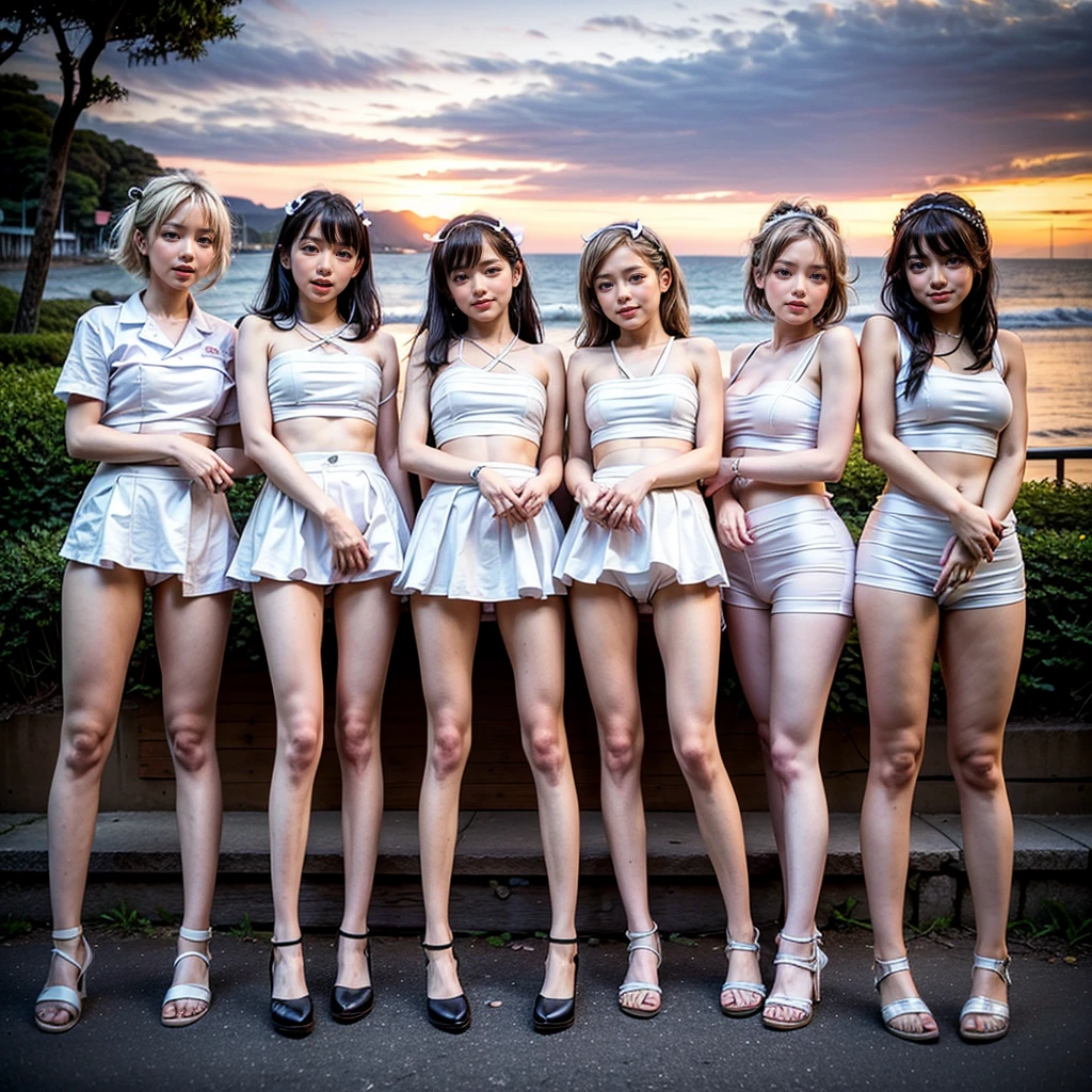 ((ExtremelyDetailed (12 KAWAII Girls in a row:1.37) at Dusk Enoshima Beach)), (masterpiece TopQuality) (photorealistic:1.37), {(Standing Full Body:1.2)|(from below:1.2)}, Different types of hair colors, {School Uniform|naked bandage|tutu}, PUNIPUNI, Joyful Expressions LifeLike Rendering, PerfectLighting