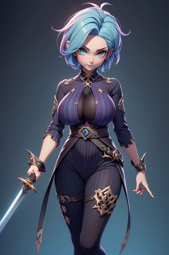 Min iIvy Valentine, (Ivy Valentine), standing alone, Ray tracing, 3D style, 3dmm, ((oses per photo)), ((oses au cada foto)), fully body,(from front view),(Costas Issue), (Emist on the left), show flat belly, (((oses per photo))),(very big breastsperfect ass, perfect and symmetrical eyes, (perfect handuturistic sword in hand)), ((short hair)),((Open wizard clothes)),white clothing with textured edges, skin fair, luauas detalhadas, White thigh-high tights with trim, auestido aberto au "au", Waist slender, big legs, low water, Show legs to the top of the waist, (broken fabric falling over the legs),((open top)),ultra realistic skin, realistic human eyes,ultra realistic skin,((striped shirt)),super sexy suit,(faixas au torno dos seios), colorfully,top with ruffles,(pubis with a lot of volume),(extrauamente sensual),(very sensual),(((big boobies))),(((cabelo dividido au dois))),((((Social clothes, open on the breasts and front)))),(((cerulean, cyan and purple clothes))),(((slits over the breasts))),(((sashes falling from the waist with details at the ends))),(((top with huge opening in the middle))),(((wide waist belt touching the breasts with black metal parts))),((wrap top)),(((super sensual))),((crossed rise))