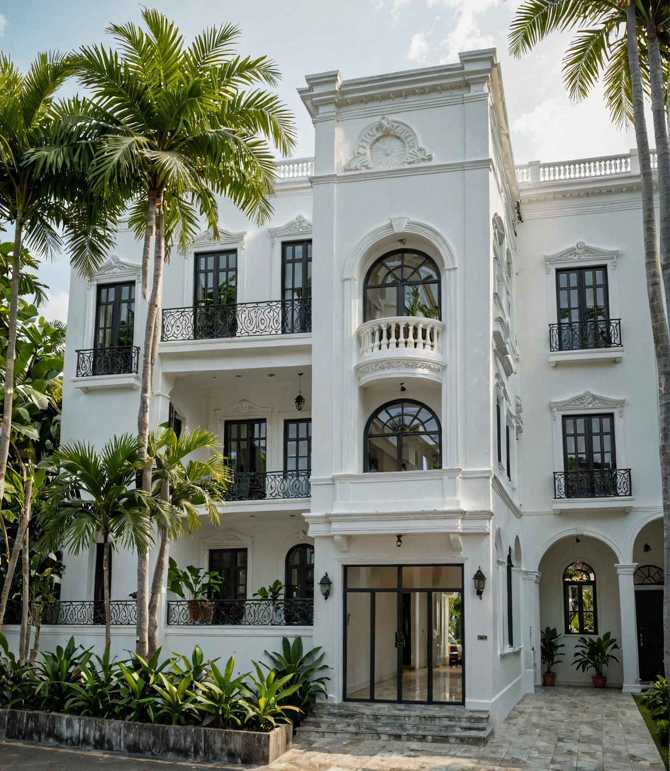 RAW photo, Masterpiece, high quality, best quality, realistic, super detailed, neoclassical house, exterior, neoclassical house with white walls and windows, masonry railing, white, curved arch, floating point, daylight, tropical plants, tropical garden, street in Vietnam, everyday architecture, (high detail: 1.2), 8k uhd, dslr, soft light, quality High quality, film grain, Fujifilm XT3