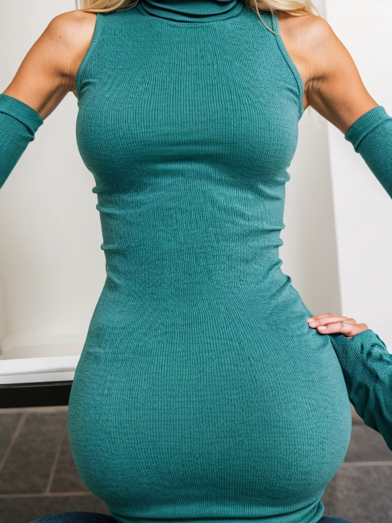 Skanky blonde trashy  milf wearing a tight ribbed turtleneck top
