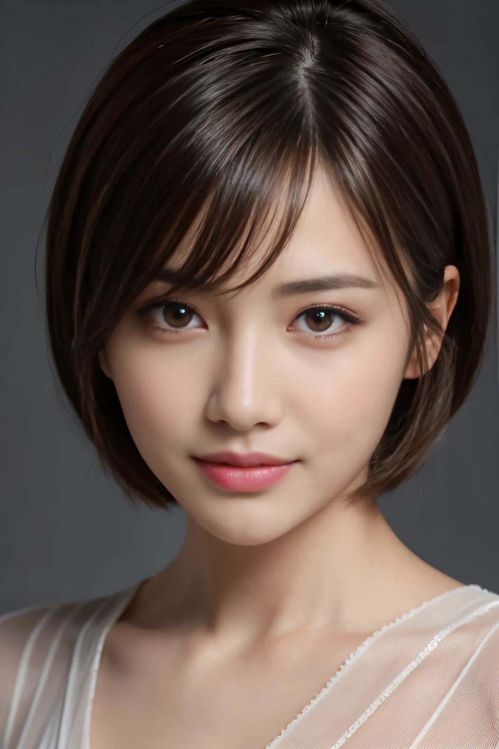 The best quality at its best, Realistically, Super detailed, More about pubic hair, High resolution, Plain background,8k wallpaper, One beautiful woman,,Light brown short hair, Wear a dark suit, Lock Focus, Perfect dynamic composition, Beautiful Eyes, Delicate hair, 细致Realistically的皮肤纹理, smile, Close-up portrait, Model Body Type