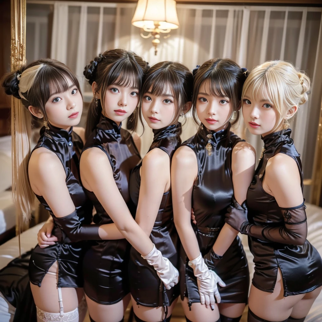 masterpiece, top-quality, top-quality, Beautifully Aesthetic:1.2, ((3 girls)), kiss++, kissing++, sucking++, licking lips, nsfw,
((Middle girl is Wearing satin high neck Chinese dress, sleeveless, long gloves, miniskirt:1,4), high detailed,
((Left girl is Wearing satin high neck Chinese dress, sleeveless, long gloves, miniskirt:1,4), high detailed,
((Right girl is Wearing satin high neck Chinese dress, sleeveless, long gloves, miniskirt:1,4), high detailed,
(Three girls are laying bed:1.3), large breasts, firm breast, nicely shaped breasts, slender figure,
(((Bleached Hair))), ((mesh hair)), (short hair:1.2),
((At the bedroom at late night:1.2)), (Looking at viewer)