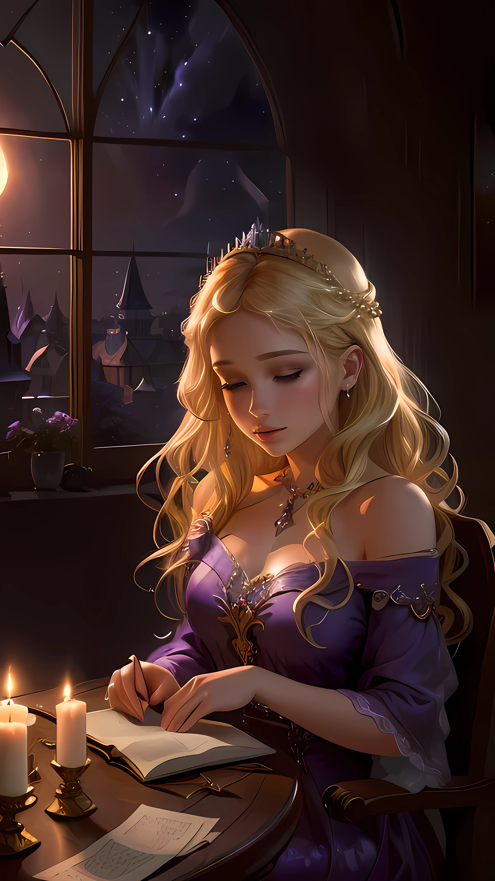 (((blonde hair))), blonde, princess in purple dress, sits by the table, With a book in his hands, Is reading, reading, soft light, beautiful digital images, beautifully lit, fabulous gorgeous lighting, by candlelight, Magali Villeneuve, realistic fantasy painting, beautiful fantasy art, Romantic light, window at night, beautiful works of art, next to the window, beautiful fantasy art portrait, night, Moonlight, (((night)))