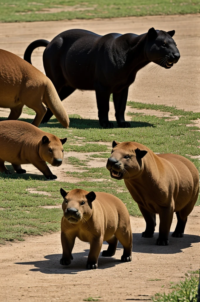 Two panthers distract people so the capybaras escape