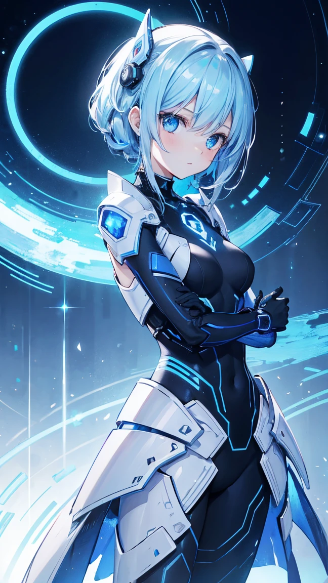 8K, Highest quality, (real:1.4), Original photo, 1 Girl, Asari Hair, Biological Amplifier, refined armor, posture: Peace talks between warring factions, smart blue eyes、Holographic Glow Effect
