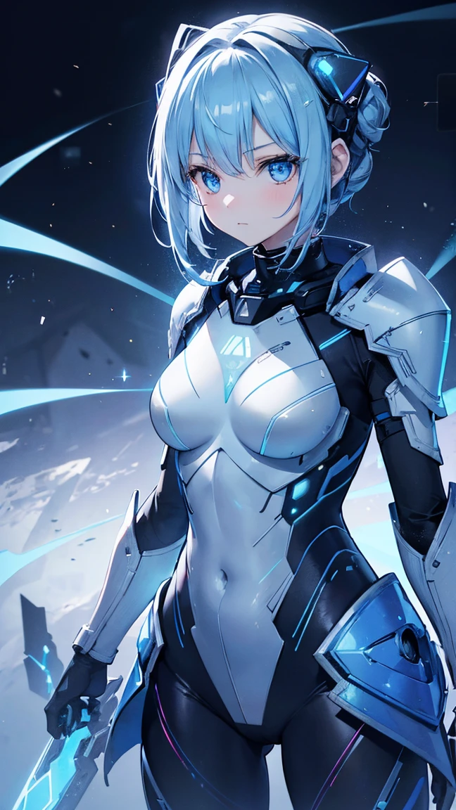 8K, Highest quality, (real:1.4), Original photo, 1 Girl, Asari Hair, Biological Amplifier, refined armor, posture: Peace talks between warring factions, smart blue eyes、Holographic Glow Effect
