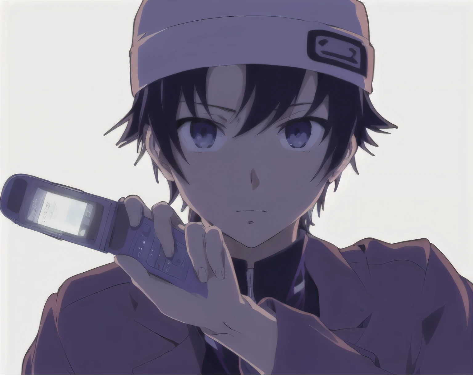 anime boy holding a cellphone in his hand and pointing at it, Outros iwakura, 2d anime style, portrait of Outros iwakura, okata kazuto, Mirai Nikki, Outros, Yukio-e, Inspired by Munakata Shiko, safebooru anime image, 2 d anime, anime style, iwakura Outros