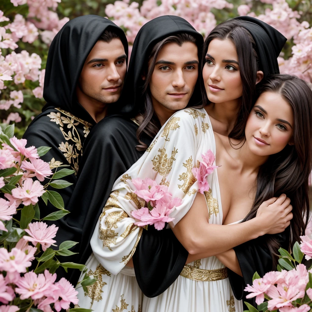 An elf man in a black robe with gold patterns hugs and kisses a brunette girl in a white dress with pink flowers.