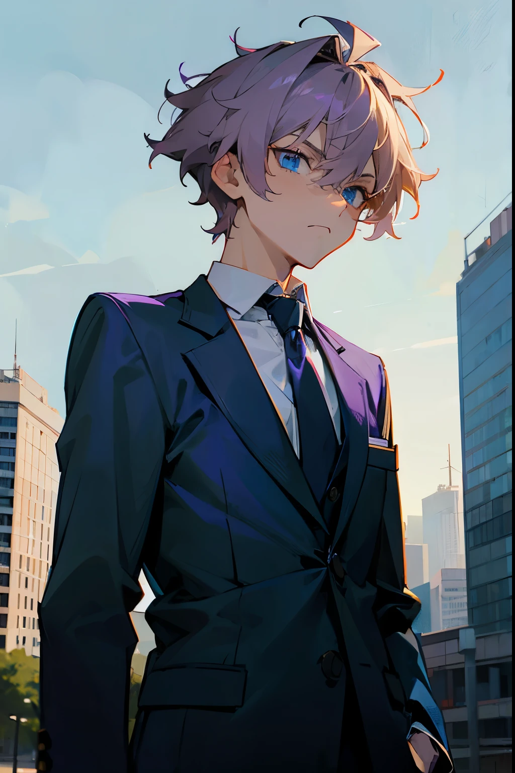 1male , Purple Hair , Blonde Highlights in Hair, Blue Eyes , Serious Expression , Messy Hair , Dark Greenish Blue blazer with a white collared shirt and navy blue tie ,, Perfect Generation , Modern City Background , Standing on sidewalk