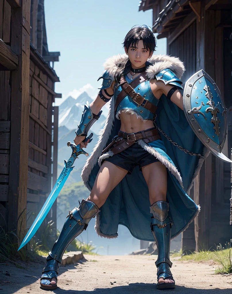 Young 13-year-old boy with black hair and brown eyes, innocent and happy, dressed in short neon-blue medieval barbarian clothes, fur shorts, light-blue battle armor, weilding silver sword and shield, sandals; fullbody; short hair, boyish athletic, sexy,