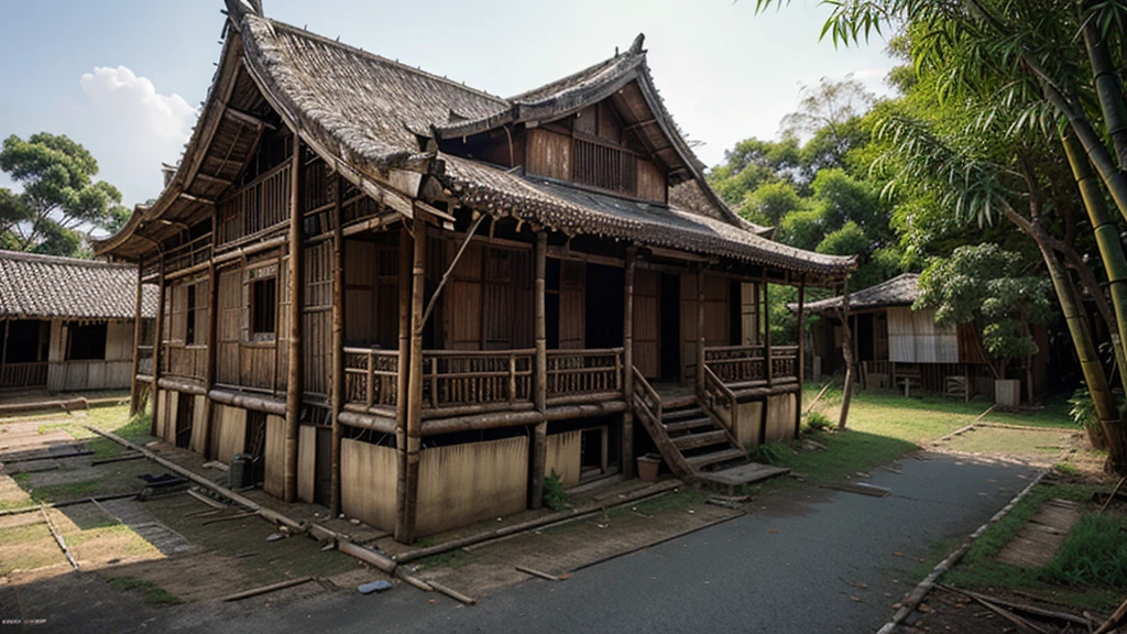 old bamboo house from the front, photorealistic, damaged, abandoned