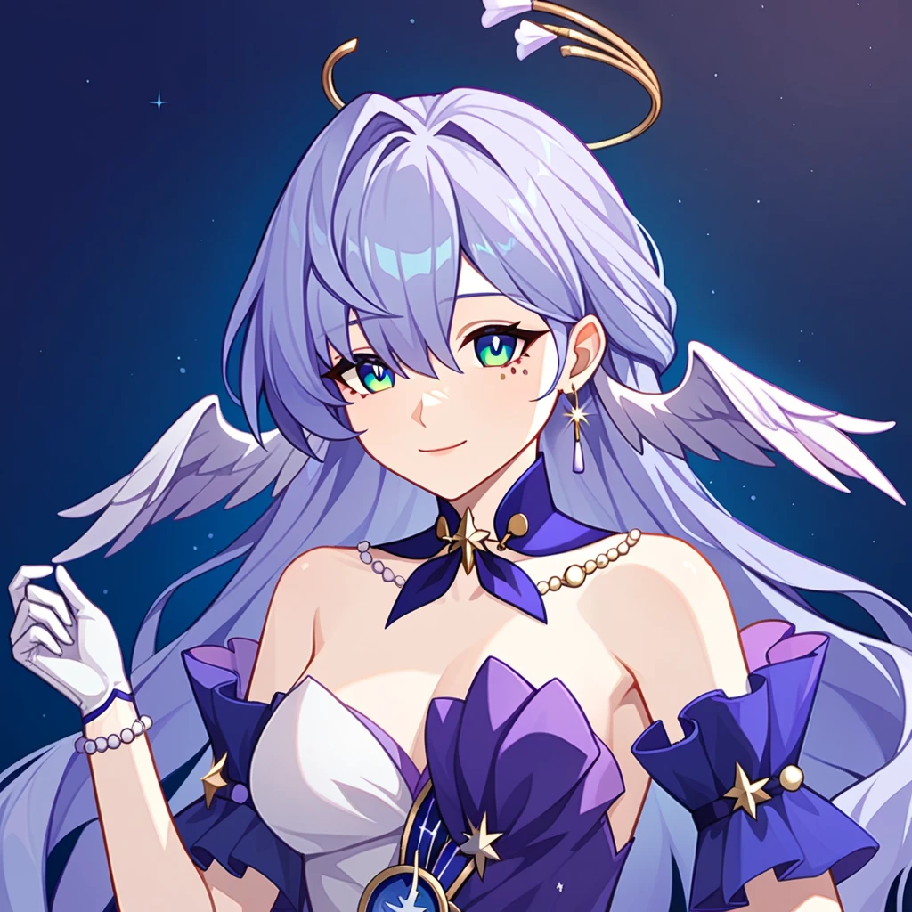 1girl, robin_\(honkai:_star_rail\), bare_shoulders, head_wings, white_dress, white_gloves, detached_sleeves, short_sleeves, aqua_eyes, long_hair, halo, purple_dress, hair_between_eyes, earrings, purple_hair