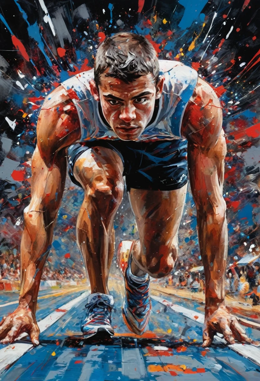 a rich combination of vibrant colors including reds, blues and whites. Splashes of paint, in the style of Jackson Pollock, adorn the composition, representing the intensity of a race. In the center of the scene, an athlete meticulously cut out of a magazine is positioned at the starting line. His muscles are tense, and the race track stretches straight and flat before him. The starting blocks firmly support his feet as he prepares for the explosive start under focused artificial light. The grainy black background (reminiscent of the VHS effect) surrounds the entire scene, giving depth and dynamism. The athlete's facial expression is focused and determined, with his eyes fixed on the track in front of him. His eyebrows are slightly furrowed, and his lips are pressed into a firm line, reflecting anticipation and readiness for the imminent start. Graffiti, doodling, best quality, Artwork, representative work, official art, professional, ultra intricate detailed