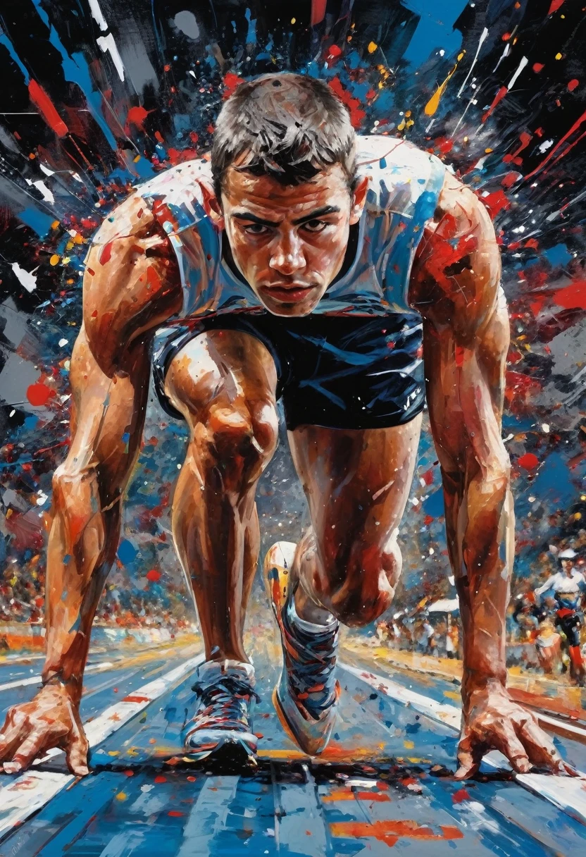 a rich combination of vibrant colors including reds, blues and whites. Splashes of paint, in the style of Jackson Pollock, adorn the composition, representing the intensity of a race. In the center of the scene, an athlete meticulously cut out of a magazine is positioned at the starting line. His muscles are tense, and the race track stretches straight and flat before him. The starting blocks firmly support his feet as he prepares for the explosive start under focused artificial light. The grainy black background (reminiscent of the VHS effect) surrounds the entire scene, giving depth and dynamism. The athlete's facial expression is focused and determined, with his eyes fixed on the track in front of him. His eyebrows are slightly furrowed, and his lips are pressed into a firm line, reflecting anticipation and readiness for the imminent start. Graffiti, doodling, best quality, Artwork, representative work, official art, professional, ultra intricate detailed