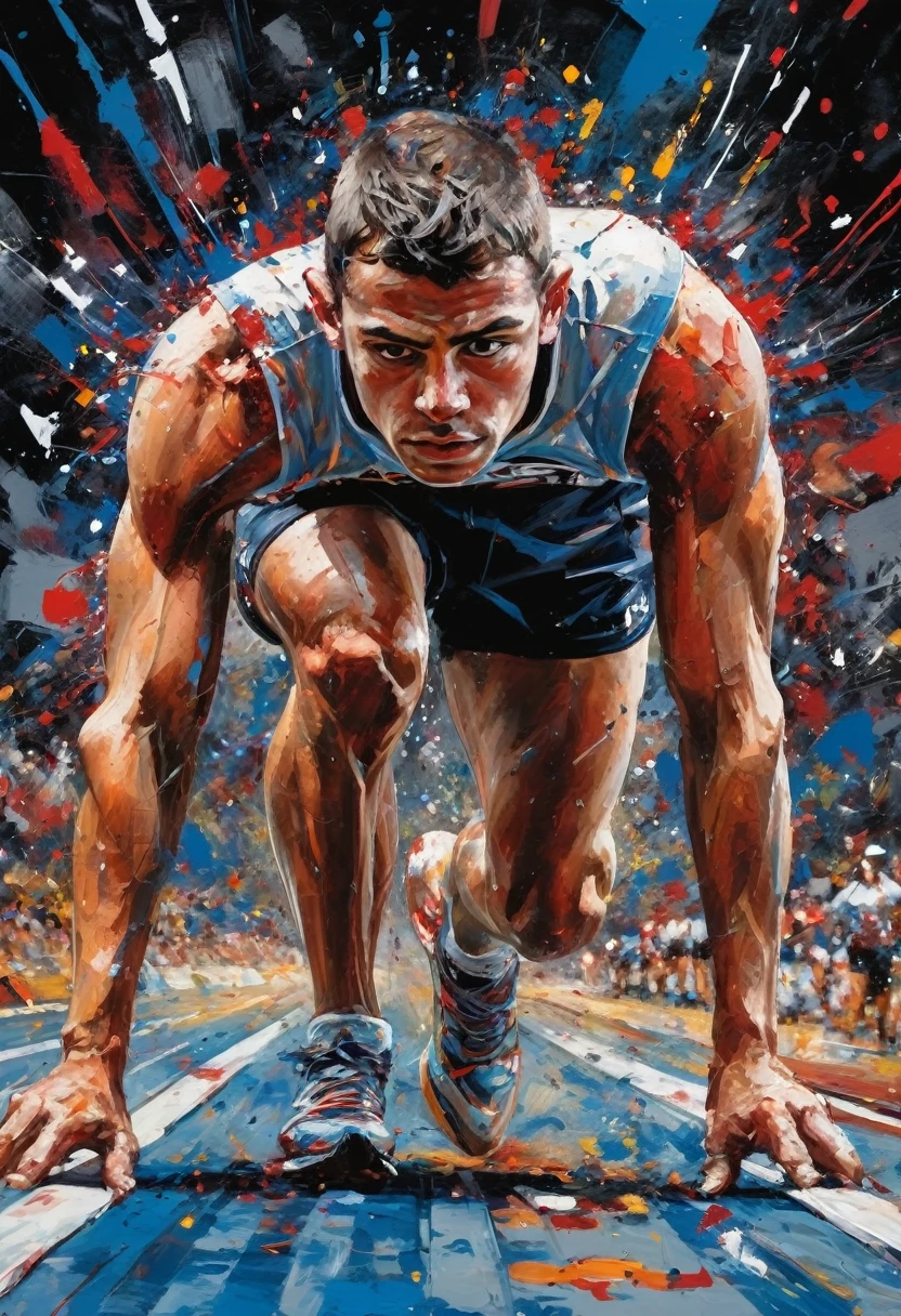 a rich combination of vibrant colors including reds, blues and whites. Splashes of paint, in the style of Jackson Pollock, adorn the composition, representing the intensity of a race. In the center of the scene, an athlete meticulously cut out of a magazine is positioned at the starting line. His muscles are tense, and the race track stretches straight and flat before him. The starting blocks firmly support his feet as he prepares for the explosive start under focused artificial light. The grainy black background (reminiscent of the VHS effect) surrounds the entire scene, giving depth and dynamism. The athlete's facial expression is focused and determined, with his eyes fixed on the track in front of him. His eyebrows are slightly furrowed, and his lips are pressed into a firm line, reflecting anticipation and readiness for the imminent start. Graffiti, doodling, best quality, Artwork, representative work, official art, professional, ultra intricate detailed