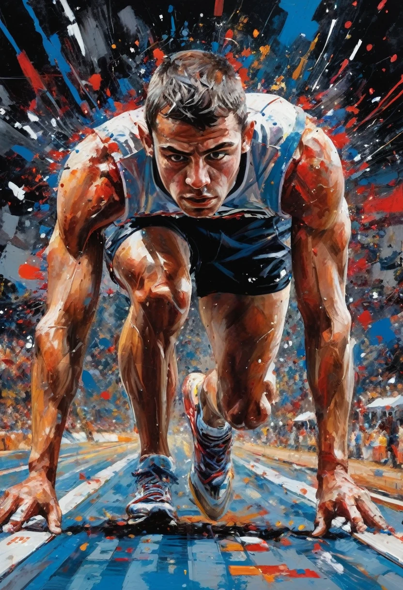 a rich combination of vibrant colors including reds, blues and whites. Splashes of paint, in the style of Jackson Pollock, adorn the composition, representing the intensity of a race. In the center of the scene, an athlete meticulously cut out of a magazine is positioned at the starting line. His muscles are tense, and the race track stretches straight and flat before him. The starting blocks firmly support his feet as he prepares for the explosive start under focused artificial light. The grainy black background (reminiscent of the VHS effect) surrounds the entire scene, giving depth and dynamism. The athlete's facial expression is focused and determined, with his eyes fixed on the track in front of him. His eyebrows are slightly furrowed, and his lips are pressed into a firm line, reflecting anticipation and readiness for the imminent start. Graffiti, doodling, best quality, Artwork, representative work, official art, professional, ultra intricate detailed