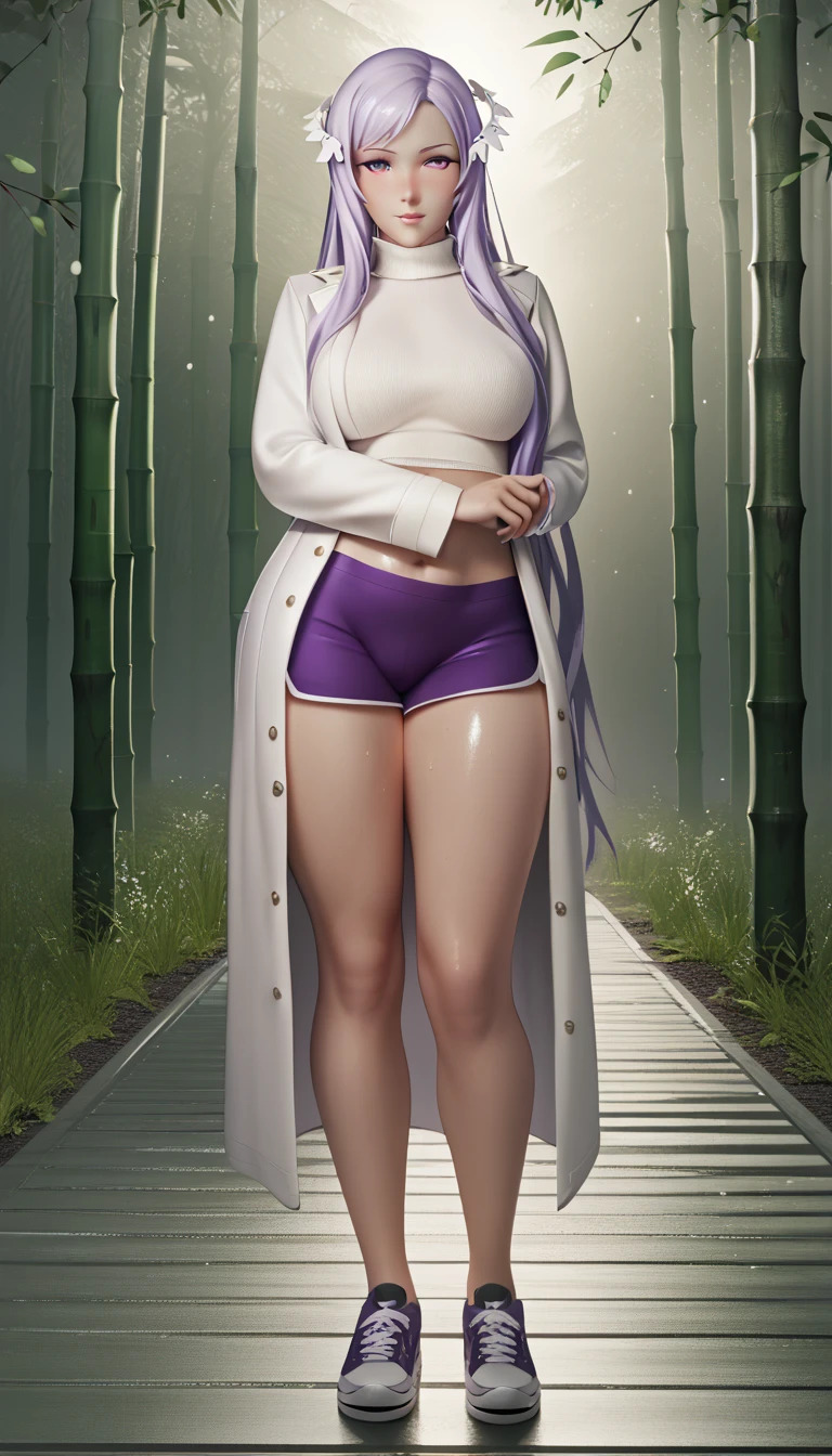 score_9, score_8_up, score_7_up, score_6_up, uncensored, quinella, absurdly long hair, purple eyes, long hair, parted bangs, purple hair, very long hair, hair ornament, horny face, blush face, lips, naughty face, shiny skin, sweating, steaming body, saliva, curvy, voluptuous, glowing eyes, 1girl, solo, pantyhose, standing, coat, full_body, looking_at_viewer, black_legwear, casual, shoes, turtleneck, jacket, tree, bamboo, forest, smoke, water drop, spotlight, bokeh, bootyshorts, sneakers,