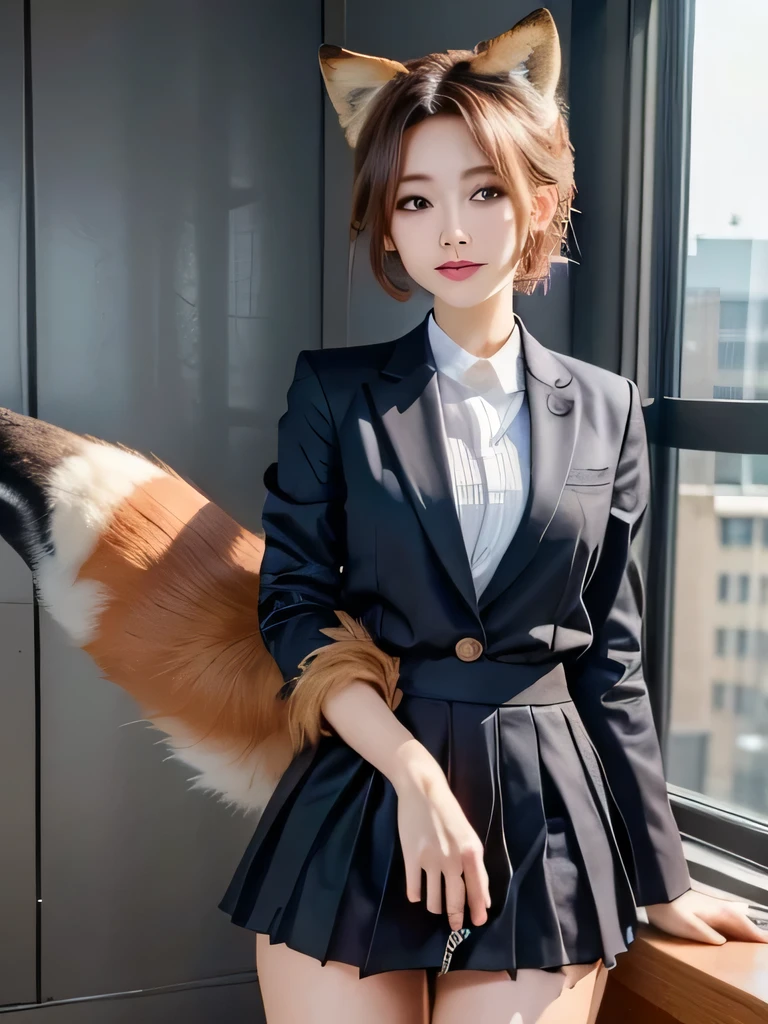 ((Highest quality, 32k)), ((masterpiece)), (Familiar), Perfect Face, pretty girl, In the office of a high-rise building, She has a bushy tail, (She has one tail of a red fox.:1.3), She stands up her fluffy tail, Beautiful hip line, Small breasts, She wears a business suit, A large tail sticks out, Climbing on all fours, Slender body, She looks shyly at her tail, Her tail pushes up her skirt、Revealing white panties, (A single red fox tail protrudes from the hem of her skirt..:1.4), Embarrassed face
